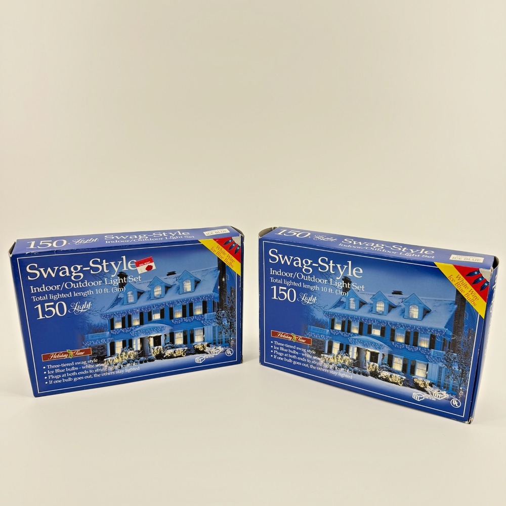 (2) Holiday Time Swag-Style String Lights, 150 Ice Blue Bulb White Wire 10 ft.
